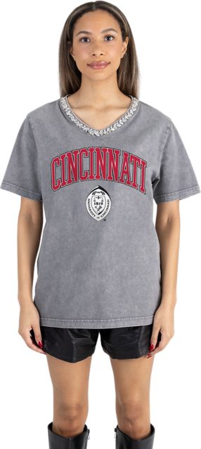 University of Cincinnati Women's Garment-Washed Relaxed Fit Tee with Jeweled Rhinestone V-Neck