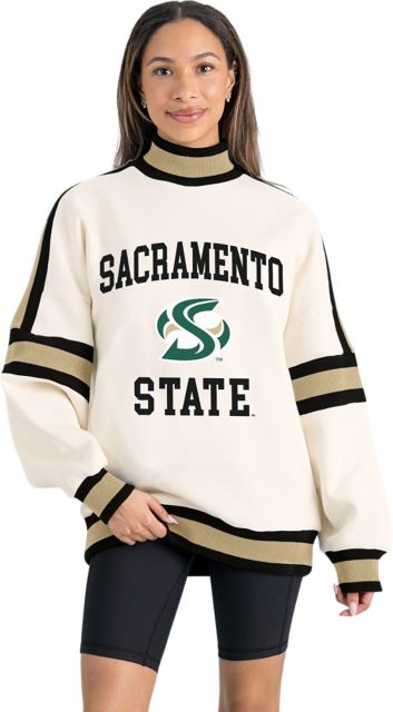Sacramento State Women's Oversized Turtleneck Pullover with Bold Stretch-Knit Striped Detail