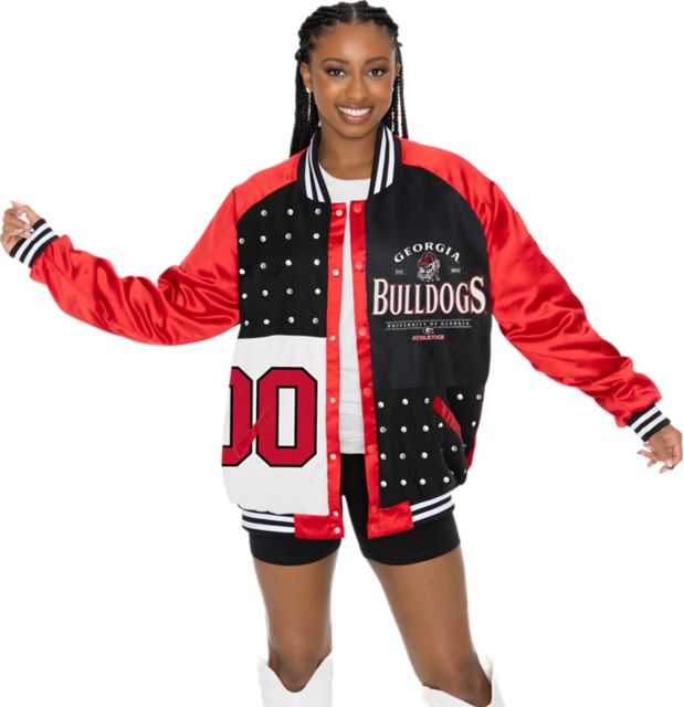 University of Georgia Women's Mixed Media Throwback Varsity Bomber Jacket with Rhinestone Inserts