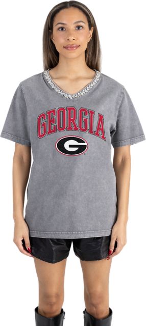 University of Georgia Women's Garment-Washed Relaxed Fit Tee with Jeweled Rhinestone V-Neck