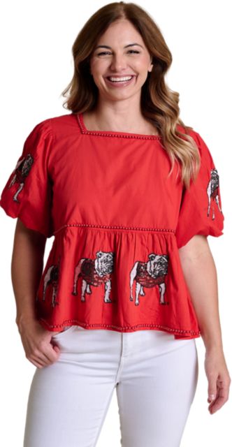 University of Georgia Women's Puff Sleeve Peplum Top