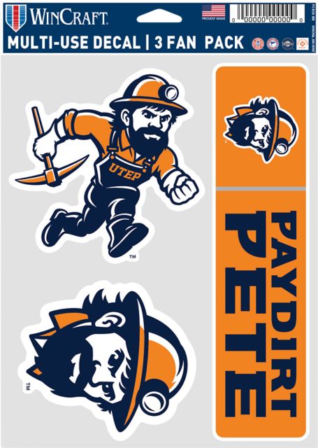 University of Texas El Paso Paydirt Pete 5.5x7.75 Fan Decal Pack