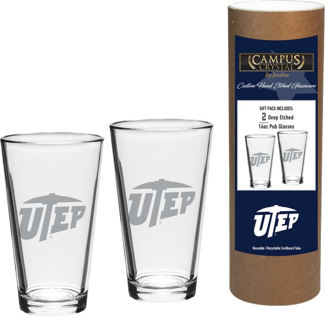 University of Texas El Paso 16 oz. Etched Glass - Set of 2
