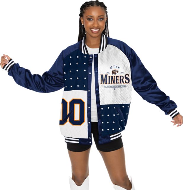 University of Texas El Paso Women's Mixed Media Throwback Varsity Bomber Jacket with Rhinestone Inserts