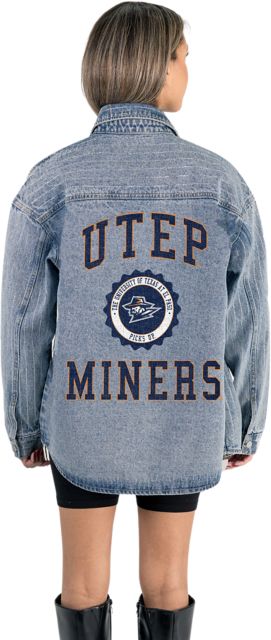 University of Texas El Paso Women's Micro-Rhinestone Stripe Washed Denim Overshirt with Button-Down Front