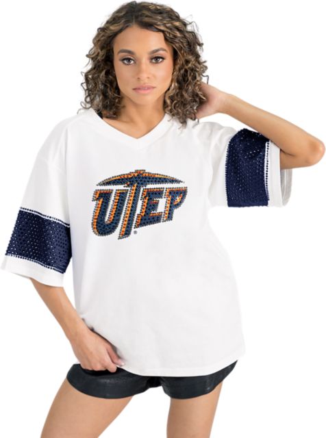 University of Texas El Paso Women's Half Sleeve Tee with Rhinestone Overlay Stripe Detail