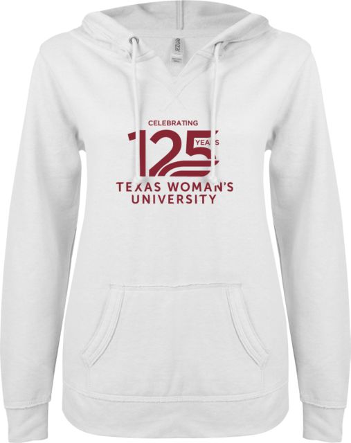 Texas Woman's University  ENZA Womens V Notch Raw Edge Fleece Hoodie TWU Celebrating 125 Years Stacked - ONLINE ONLY