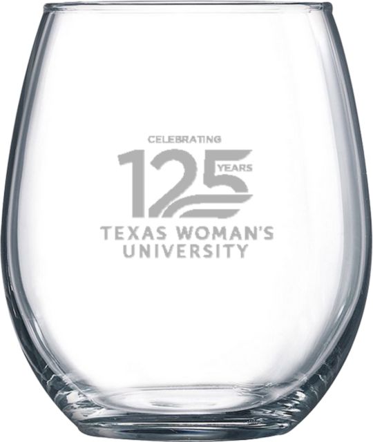 Texas Woman's University  Libbey Stemless Glass 17oz TWU Celebrating 125 Years Stacked Engraved - ONLINE ONLY