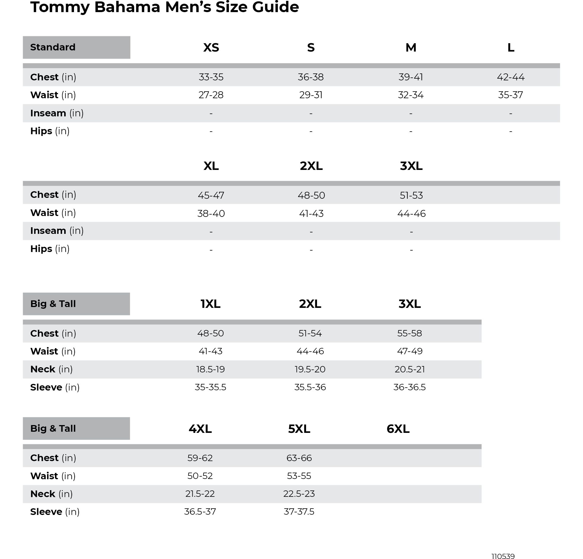 Tommy bahama men's size hot sale chart