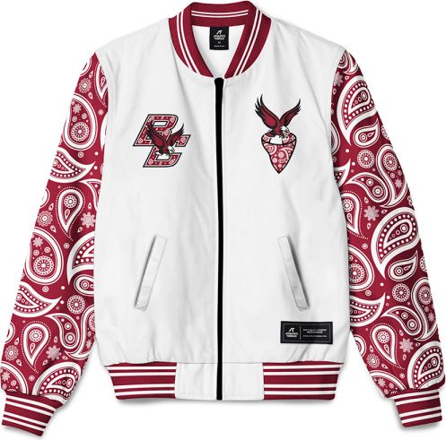 Red and white bomber jacket on sale