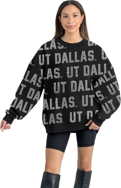 The University of Texas at Dallas Women's All-Over Pixelated Rhinestone Text Drop Shoulder Crewneck Pullover