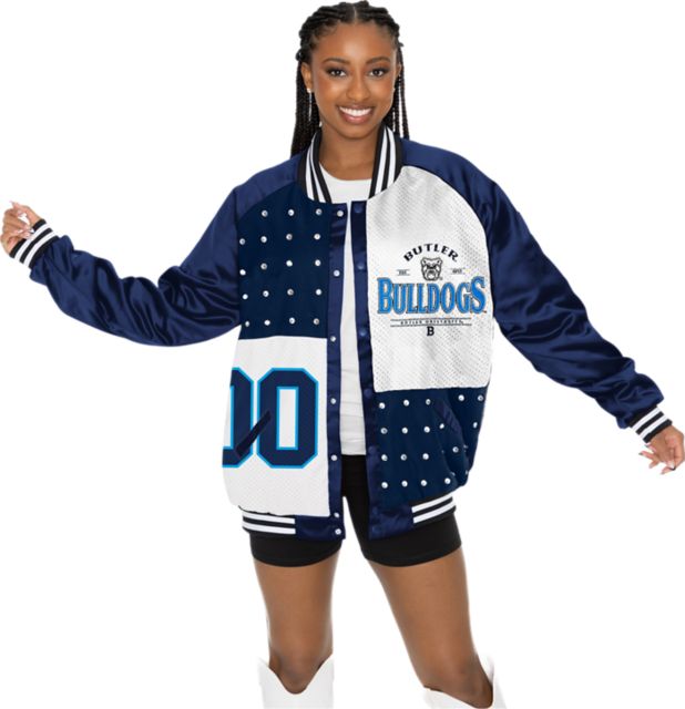 Butler University Women's Mixed Media Throwback Varsity Bomber Jacket with Rhinestone Inserts