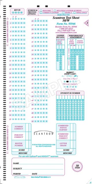 SCANTRON DM TEST SHEET 50/W