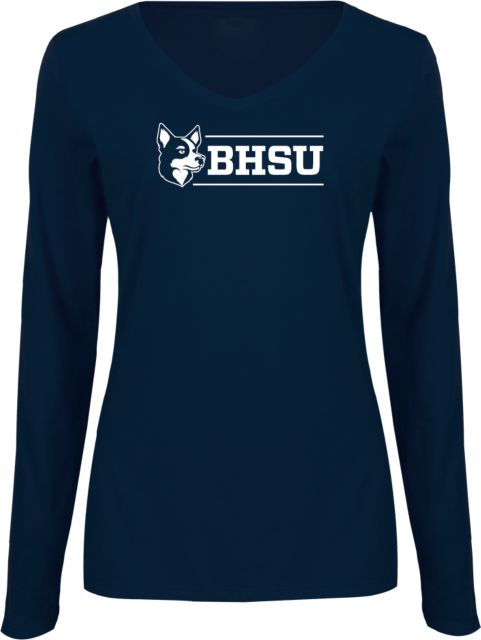Baptist Health Sciences Womens Long Sleeve V Neck Tee  Fullbody Mascot Hero Pose - ONLINE ONLY