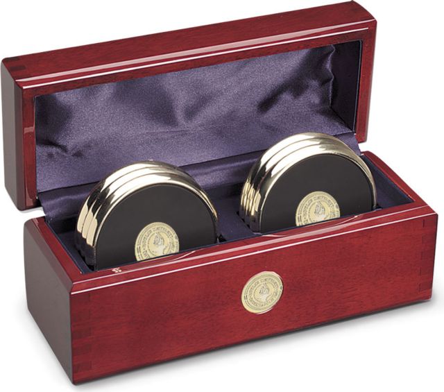 Set of Six Gold-Tone Round Coasters in Rosewood Box - ONLINE ONLY