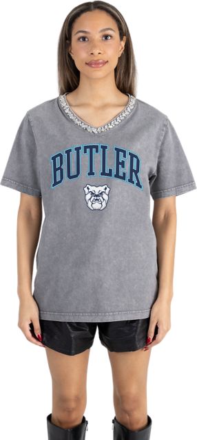 Butler University Women's Garment-Washed Relaxed Fit Tee with Jeweled Rhinestone V-Neck