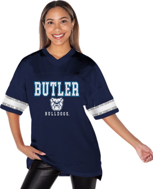 Butler University Oversized V-Neck Fashion Jersey With Rhinestone-Stripe Sleeve Trims and Side Slits