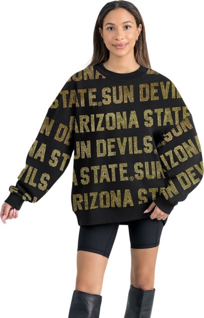 Arizona State University Women's All-Over Pixelated Rhinestone Text Drop Shoulder Crewneck Pullover