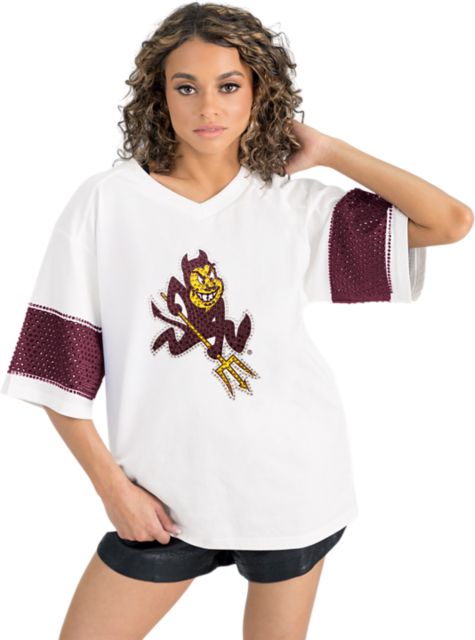 Arizona State University Women's Half Sleeve Tee with Rhinestone Overlay Stripe Detail