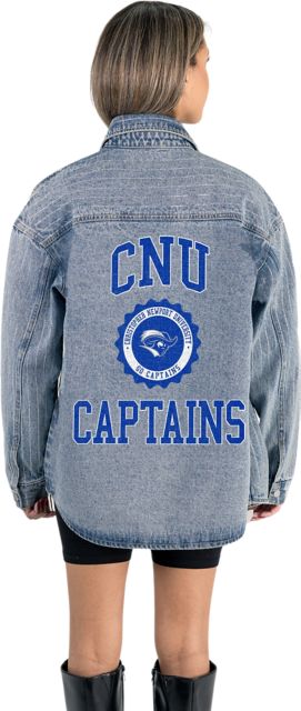 Christopher Newport University Women's Micro-Rhinestone Stripe Washed Denim Overshirt with Button-Down Front