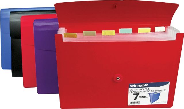 Classeur extensible en poly - 7 pochettes - Couleurs variées.