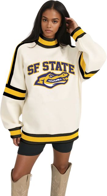 San Francisco State University Women's Oversized Turtleneck Pullover with Bold Stretch-Knit Striped Detail