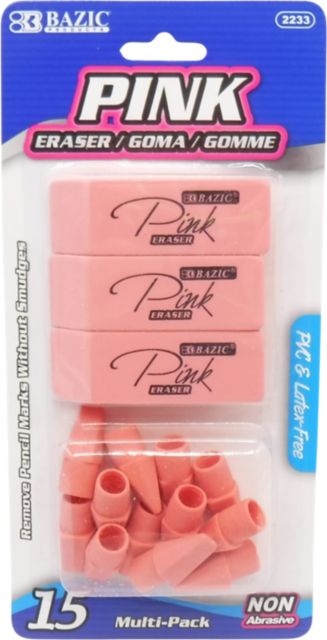 BAZIC Pink Erasers Bevel + Pencil Top Erasers Set  15-Count