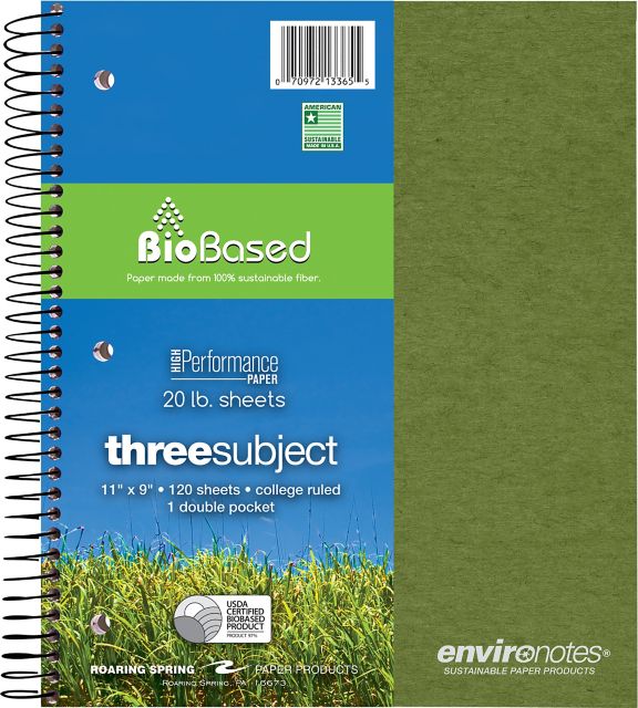 Environotes Recycled College Ruled 3 Subject Notebook, 11'' x 9'', 120 Heavyweight Sheets,1 Double Pocket, Assorted Covers
