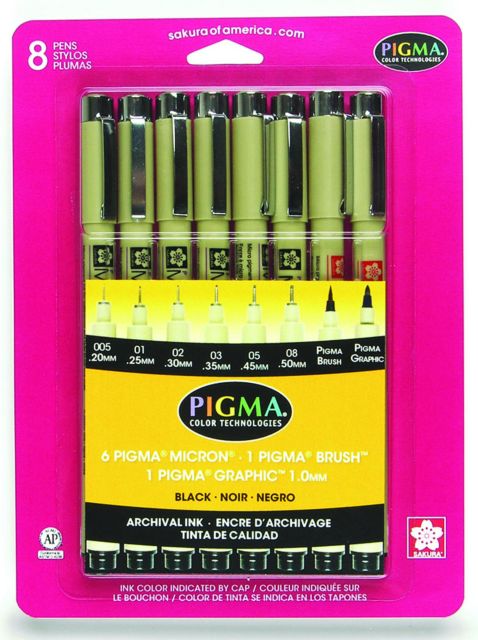 Pigma Pen 8 Piece Set All Black Assorted Tips