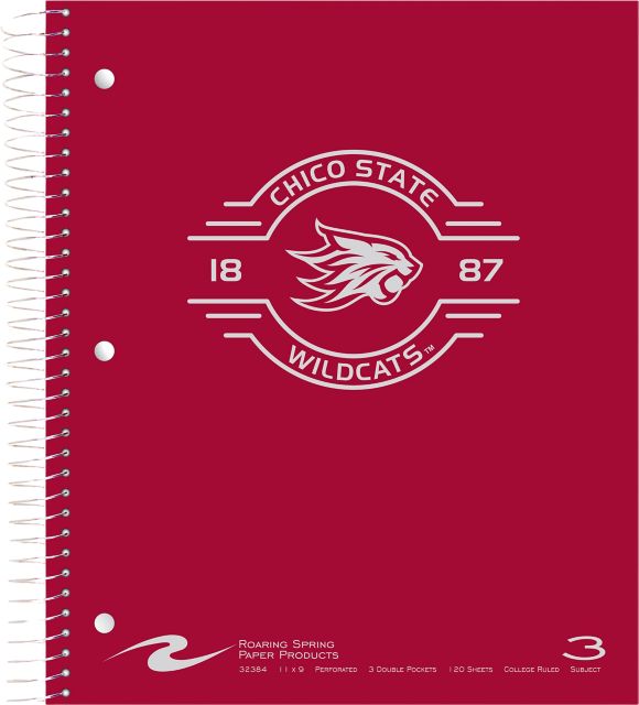 California State University Chico Foil Imprinted 3 Subject College Ruled Spiral Notebook, 11" x 9", 120 Sheets