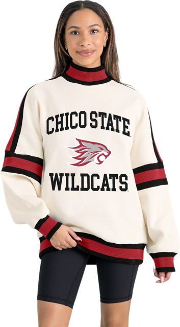 California State University Chico Women's Oversized Turtleneck Pullover with Bold Stretch-Knit Striped Detail