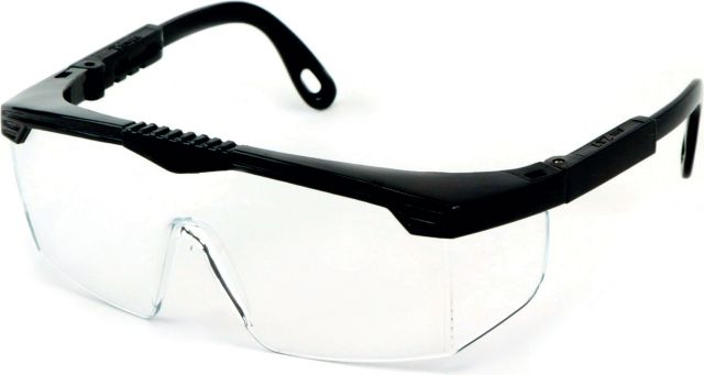 WRAP AROUND SAFETY GLASSES WITH BLACK FRAME AND CLEAR LENSES