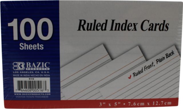 BAZIC Ruled Index Cards 3" x 5"  100 Count