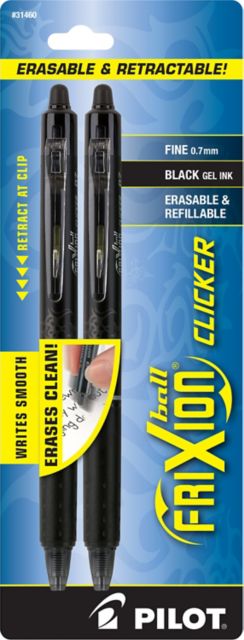 FriXion Clicker Erasable Gel Ink Pen, 2pk, Black ink, Fine point.