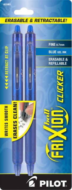 FriXion Clicker Erasable Gel Ink Pen, 2pk, Blue ink, Fine point.