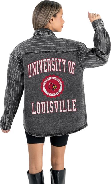 University of Louisville Women's Micro-Rhinestone Stripe Washed Denim Overshirt with Button-Down Front