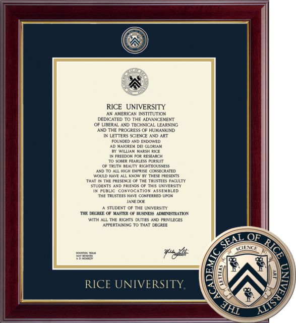 Rice University Masterpiece Diploma Frame. Bachelors, Masters, PhD