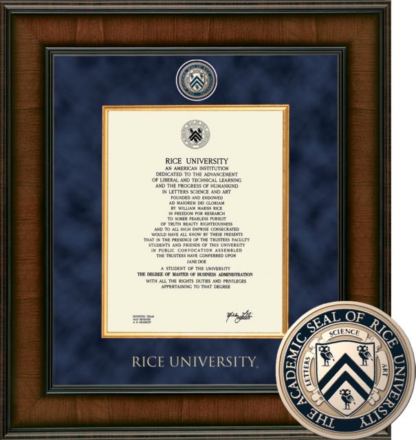 Rice University Presidential Diploma Frame. Bachelors, Masters, PhD