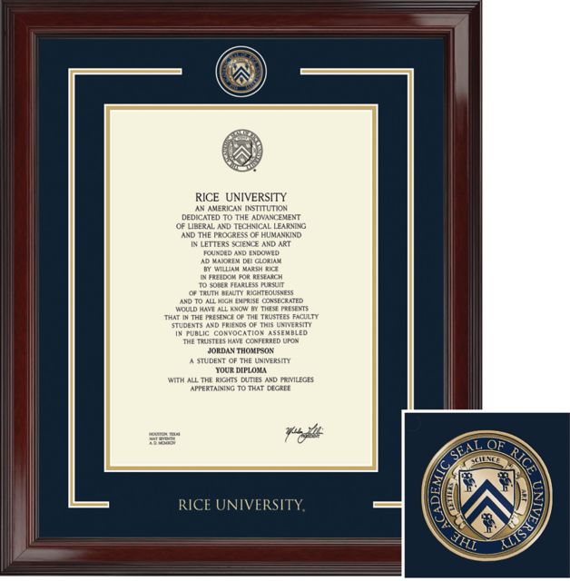 Rice University Showcase Diploma Frame. Bachelors, Masters, PhD