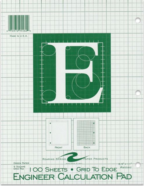 5x5 Grid Engineering Pad 15# Green 3 Hole Punched 8.5 IN x 11 IN 100 Sheets Green Paper (Grid to Edge)
