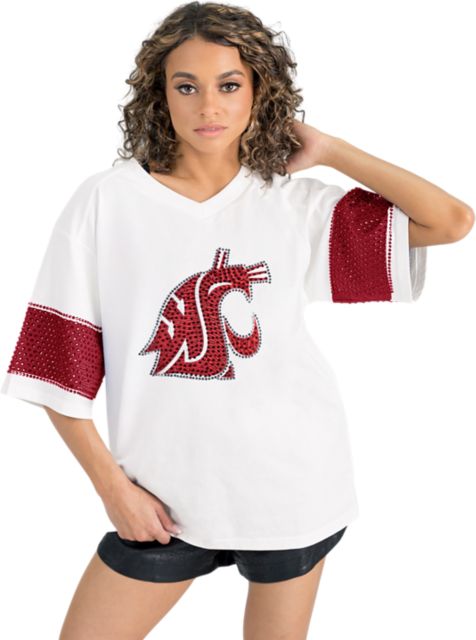 Washington State University Women's Half Sleeve Tee with Rhinestone Overlay Stripe Detail