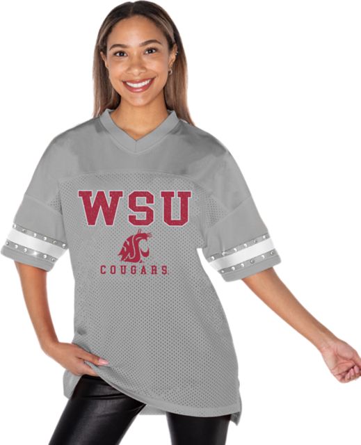 Washington State University Oversized V-Neck Fashion Jersey With Rhinestone-Stripe Sleeve Trims and Side Slits