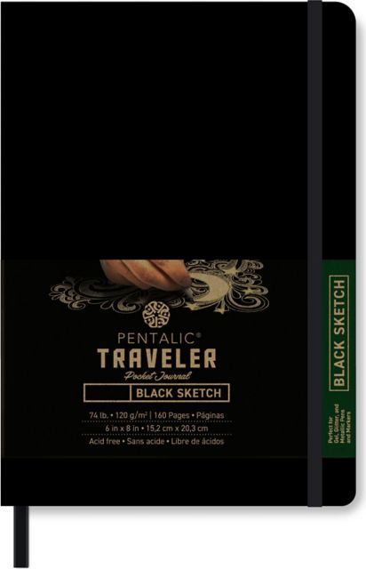 Pentalic 6x8 74 lb. (120 gsm) Traveler Midnight Sketch Black Paper Journal 160 Page Book