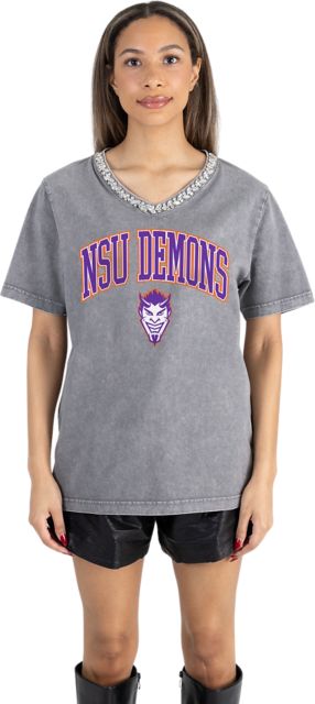 Northwestern State University Women's Garment-Washed Relaxed Fit Tee with Jeweled Rhinestone V-Neck