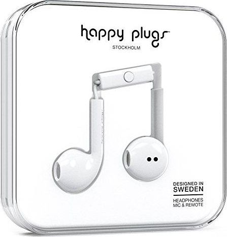 Écouteurs-boutons Happy Plugs avec microphone, blancs&nbsp;– UNIQUEMENT EN LIGNE