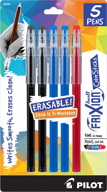 FriXion ColorSticks Erasable Gel Pens, 5-pack, Fine Point, Assorted Colors.