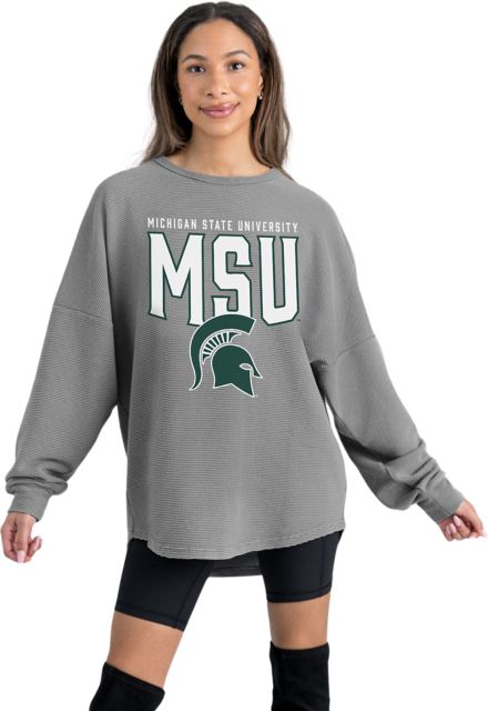 Michigan State University Women's Crewneck Essential Corded Pullover with Ribbed Knit Cuff Detail
