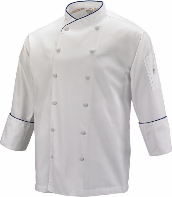 Scoop Neck Jacket.  Color: White with Royal Blue Piping on Neck and Cuffs.  1X.