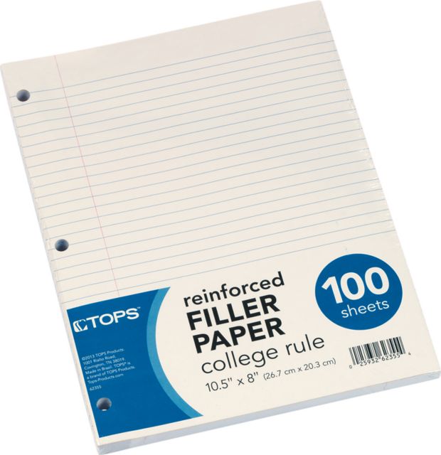 Reinforced Filler Paper, Wide Ruled, 3 Hole Punched, 10.5 x 8, 100 Sheets