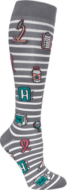 12IN PREMIUM KNIT COMPRESSION SOCKS-MEDICAL SYMBOLS ON GREY STRIPES